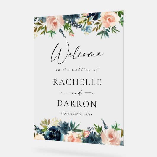 ネイビー・ダスティブルー&ピンクフローラ結婚ズ・ウェルカム アクリルサイン (傾斜)