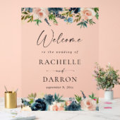 ネイビー・ダスティブルー&ピンクフローラ結婚ズ・ウェルカム アクリルサイン (ウェディング)