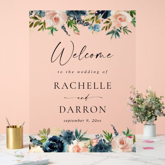 ネイビー・ダスティブルー&ピンクフローラ結婚ズ・ウェルカム アクリルサイン (ウェディング)