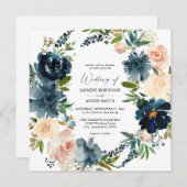 ネイビー、ダスティブルー&ピンクフローラ2スクエア結婚ズ 招待状 (正面/裏面)