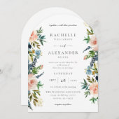ネイビー、ダスティブルー、ピンク結婚フローラのV2アーク 招待状 (正面/裏面)