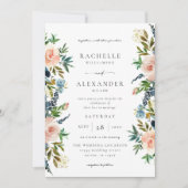 ネイビー、ダスティブルー、ピンク結婚フローラV2 招待状 (正面)