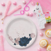 ネイビー&ダスティーバラ花 ペーパープレート (パーティー)