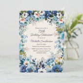 ネイビー ダスティーブルー ホワイト フローラル 75歳の誕生日 招待状 (スタンド正面)