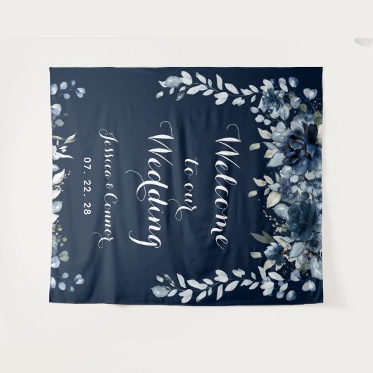 ネイビー ダスティーブルー ユーカリ ウェルカムトゥアワウェディング タペストリー (正面(横))