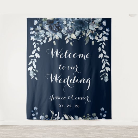 ネイビー ダスティーブルー ユーカリ ウェルカムトゥアワウェディング タペストリー (正面)