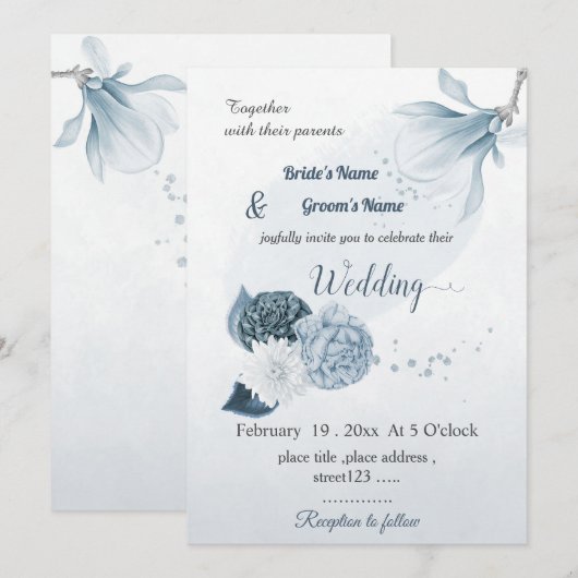 ネイビー ダスティーブルー 花 ボタニカル ウェディング 招待状 (正面/裏面)