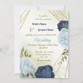 ネイビー ダスティーブルー 花 緑の葉 ウェディング 招待状 (正面)