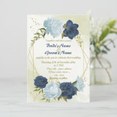 ネイビー ダスティーブルー 花 緑の葉 ウェディング 招待状 (スタンド正面)