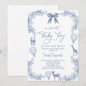 ネイビー トワルドジューイ ホットエアバルーン ベビーシャワー 男の子 招待状 (正面/裏面)