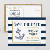 ネイビー・ナウチカル・ストライプとアンカーのSave the Date 案内ポストカード (正面/裏面)