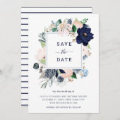 ネイビー ナウチカル フローラルとストライプ | セーブザデート (正面/裏面)