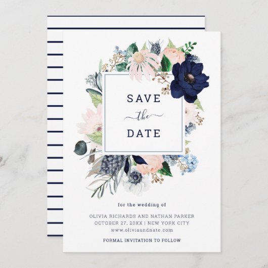 ネイビー ナウチカル フローラルとストライプ | セーブザデート (正面/裏面)