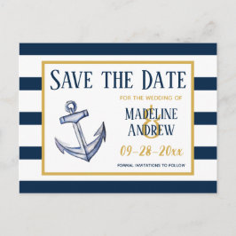 ネイビー・ノーティカル・ストライプとアンカーのSave the Date 案内ポストカード