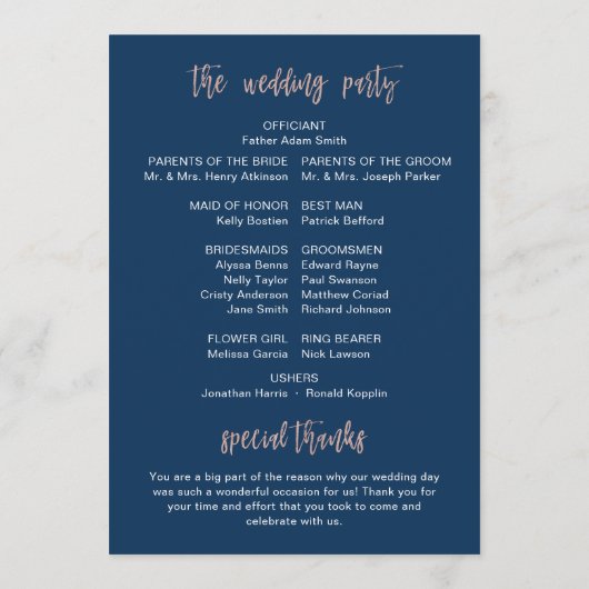 ネイビー&バラ金ゴールドグラムウドゥ結婚式 プログラムカード 案内状 (裏面)