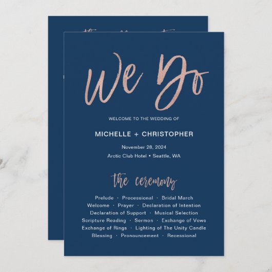 ネイビー&バラ金ゴールドグラムウドゥ結婚式 プログラムカード 案内状 (正面/裏面)