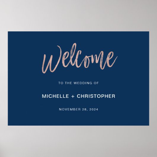 ネイビー&バラ金ゴールドグラムシック結婚ズウェルカムサイン ポスター (正面)