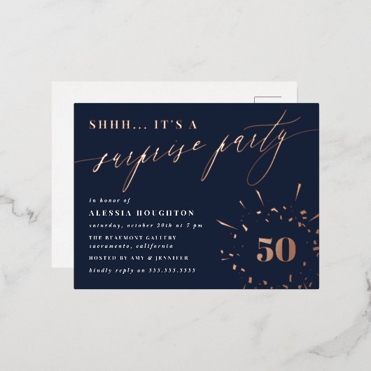ネイビー&バラ金ゴールドスクリプトサプライズパーティー 箔招待状ポストカード (正面/裏面)