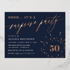 ネイビー&バラ金ゴールドスクリプトサプライズパーティー 箔招待状ポストカード