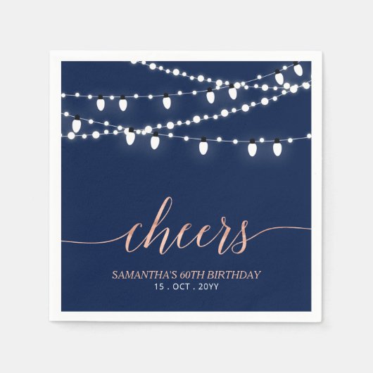 ネイビー&バラ金ゴールド |大人エレガントの誕生日パーティー スタンダードカクテルナプキン (正面)