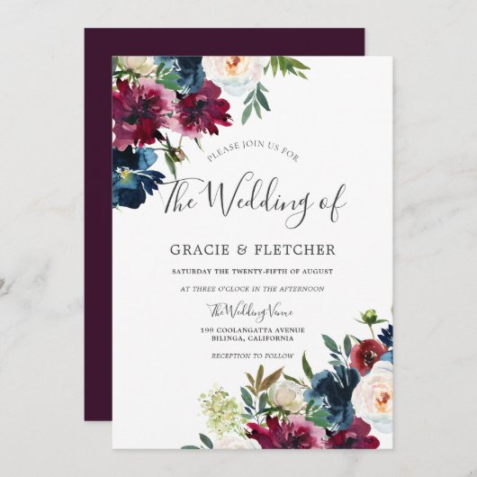 ネイビー&バーエレガントグンディフローラウォーター結婚カラー 招待状 (正面/裏面)