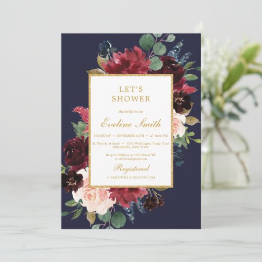ネイビー·バーガンディと赤面·ピンクのフローラと金ゴールド 招待状 (スタンド正面)