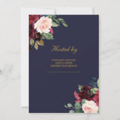 ネイビー·バーガンディと赤面·ピンクのフローラと金ゴールド 招待状 (裏面)