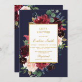 ネイビー·バーガンディと赤面·ピンクのフローラと金ゴールド 招待状 (正面/裏面)
