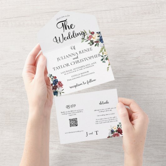 ネイビー & バーガンディーの水彩花イラスト オールインワン招待状 (貼ってはがせる)