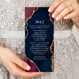 ネイビー、バーガンディー、ゴールドの瑪瑙の結婚式プログラム ラックカード
