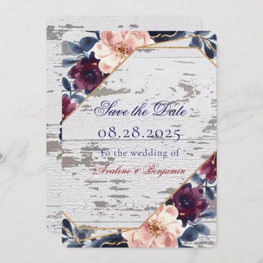 ネイビー バーガンディー ブラッシュピンク ピオニー ウェディング セーブザデート (正面/裏面)