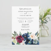 ネイビー バーガンディー & ホワイト フラワーズ エレガント ウェディング 招待状 (スタンド正面)