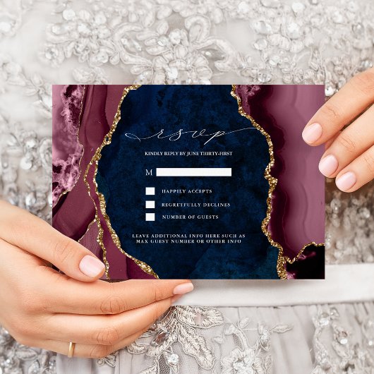 ネイビー、バーガンディ＆ゴールドアゲートの結婚式出欠確認カード 招待状