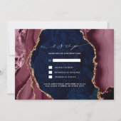 ネイビー、バーガンディ＆ゴールド アゲート 結婚式の出欠確認 招待状 (正面)