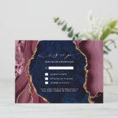 ネイビー、バーガンディ＆ゴールド アゲート 結婚式の出欠確認 招待状 (スタンド正面)