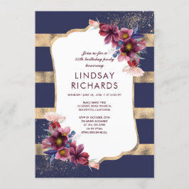 ネイビー バーガンディ ゴールド フラワー 誕生日パーティー 招待状