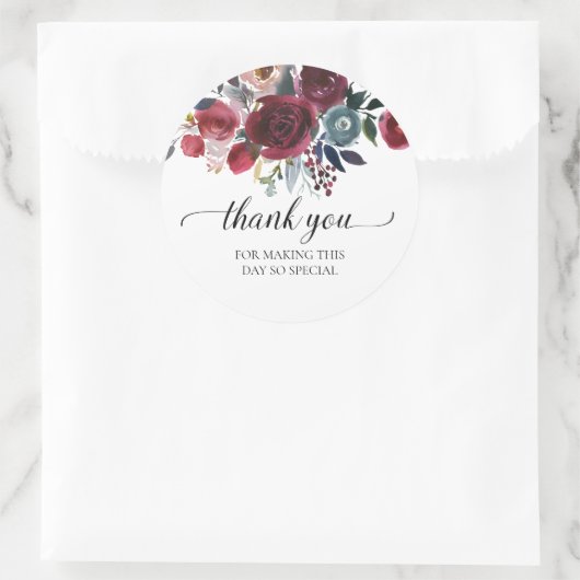 ネイビー バーガンディ フラワーの感謝を伝えるウェディングシャワーギフト ラウンドシール (バッグ)