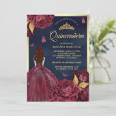 ネイビー バーガンディ フラワープリントのドレス 蝶 クイーンズアネラ 招待状 (スタンド正面)