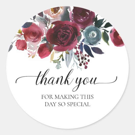 ネイビー バーガンディ フラワープリント サンクス ウェディングシャワー ギフト ラウンドシール (正面)