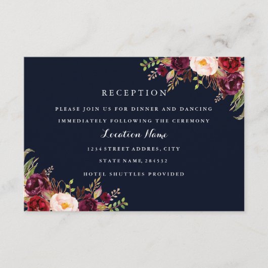 ネイビー バーガンディ フローラル 秋 ウェディング レセプション カード (正面)
