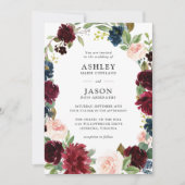 ネイビー、バーガンディ、ブッシュの水彩花イラストの結婚式の招待状 招待状 (正面)
