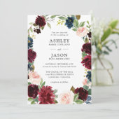 ネイビー、バーガンディ、ブッシュの水彩花イラストの結婚式の招待状 招待状 (スタンド正面)