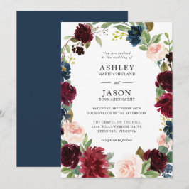 ネイビー、バーガンディ、ブッシュの水彩花イラストの結婚式の招待状 招待状