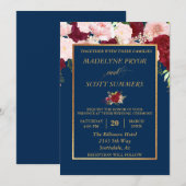 ネイビー バーガンディ ブラッシュ ゴールド フレーム ゴールド ウェディング 招待状 (正面/裏面)