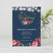 ネイビー バーガンディ マルサラ フローラル オータム ウェディング カード (スタンド正面)