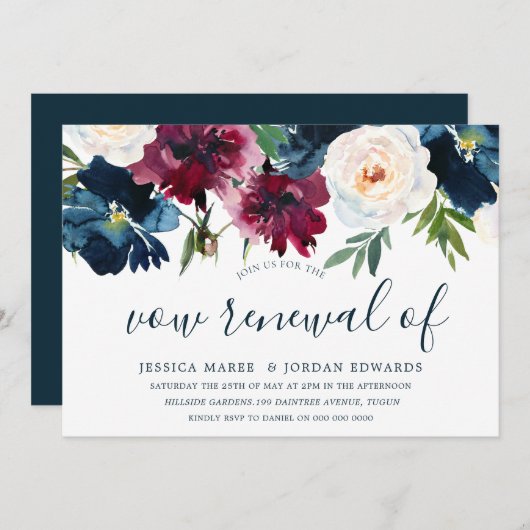 ネイビー バーガンディ レッド バーガンディ フラワーの誓いの更新 招待状 (正面/裏面)