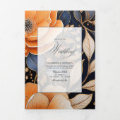 ネイビー、バーンドオレンジ&シャンパンフローラ結婚ズ 三つ折り招待状 (カバー)