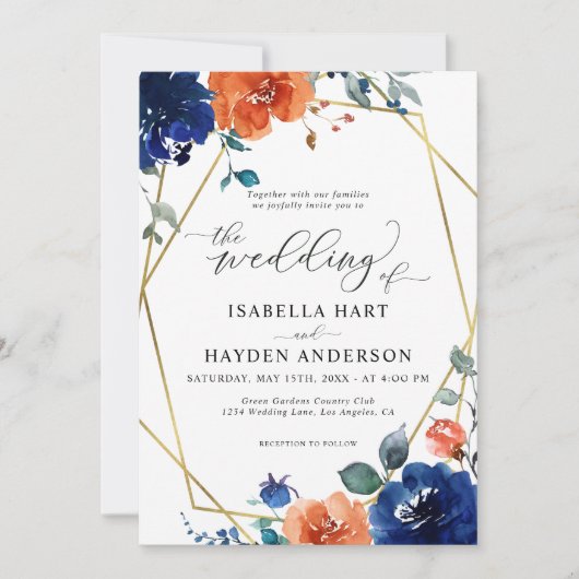 ネイビー バーン オレンジ フローラル ラスト ゴールド フォイル ウェディング 招待状 (正面)