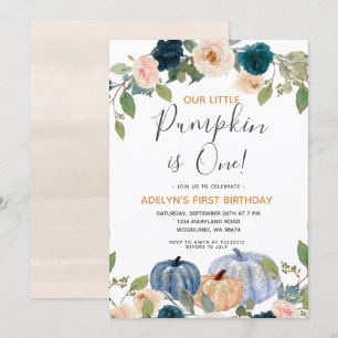 ネイビー パンプキン 水彩 1歳 誕生日 招待状