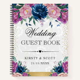 ネイビー&パープル夏の花結婚のゲストブック ノートブック